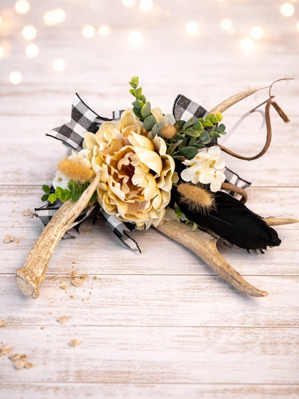 Rustic Antler Floral Decor Cottage Peony Buffalo Check Neutral